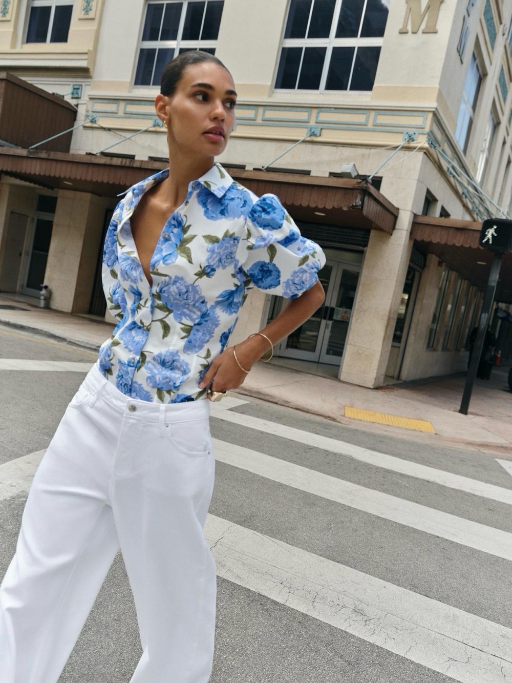 Zara White Blouse with Blue Floral Print